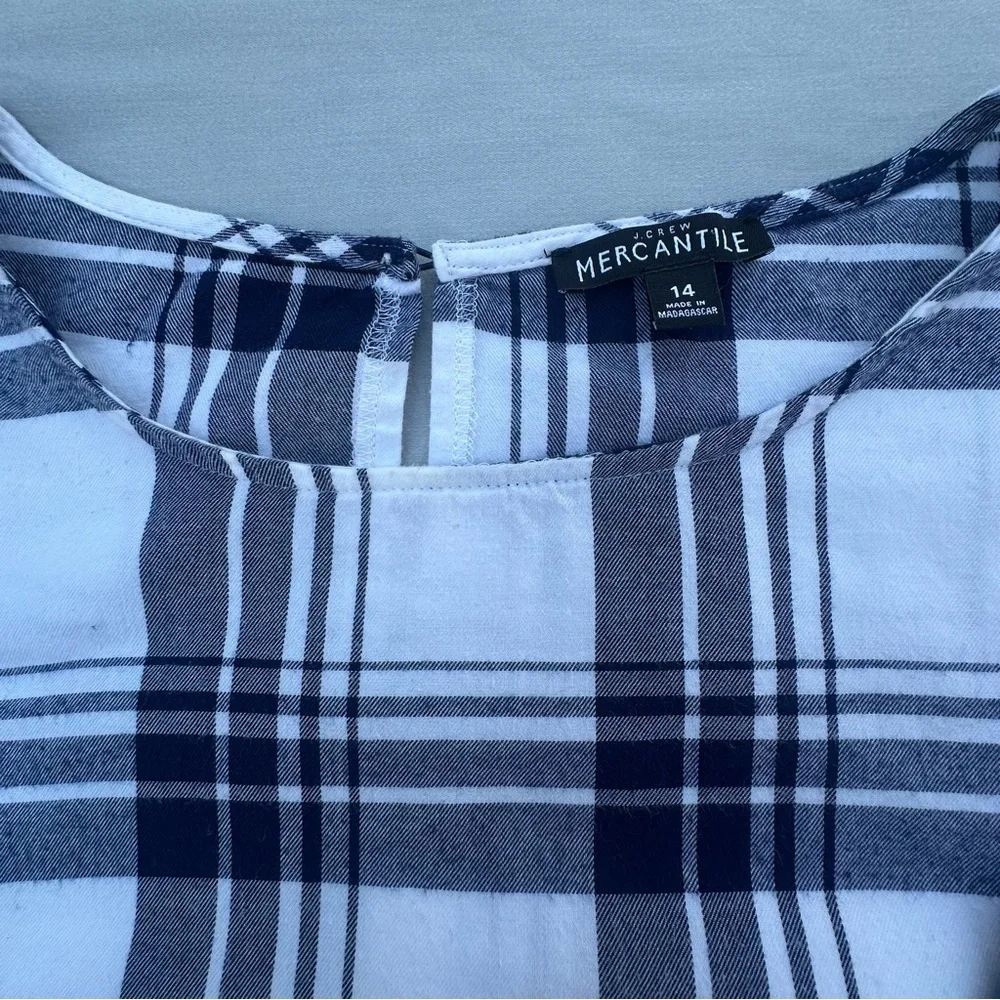 J.Crew Mercantile Plaid Bell Sleeve Blouse Top Navy Blue White Cotton Size 14